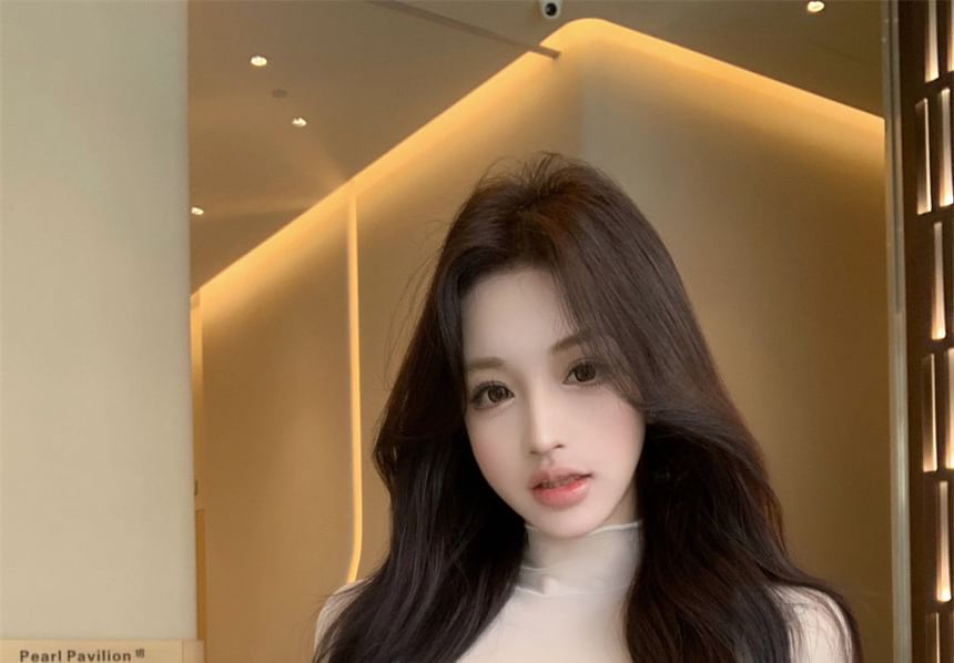 Mock Neck Mesh Panel Long Sleeve Top