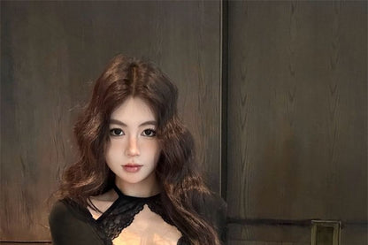 Halter Lace Panel Long Sleeve Blouse