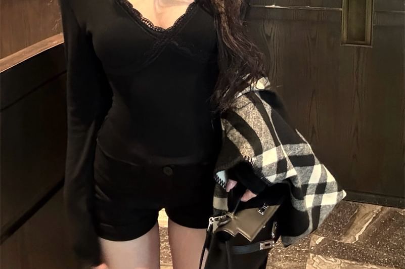 Halter Lace Panel Long Sleeve Blouse