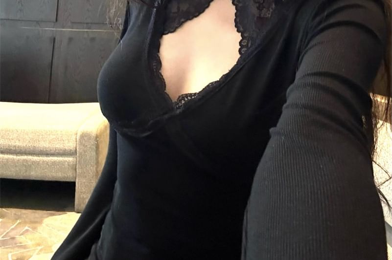 Halter Lace Panel Long Sleeve Blouse