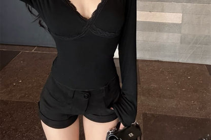 Halter Lace Panel Long Sleeve Blouse