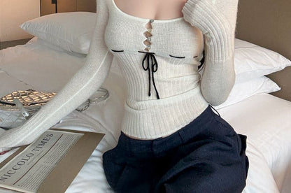 Tie Front Knit Long Sleeve Scoop Neck Henley Top