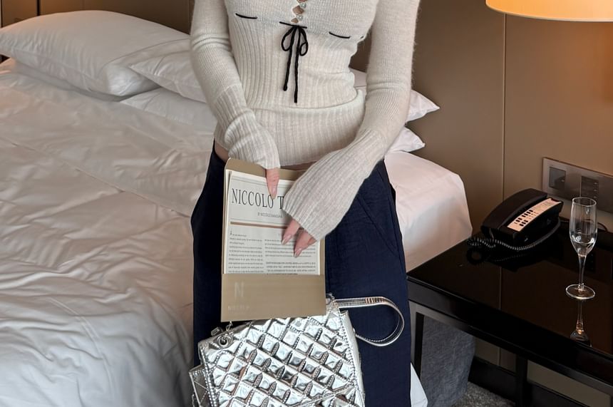Tie Front Knit Long Sleeve Scoop Neck Henley Top
