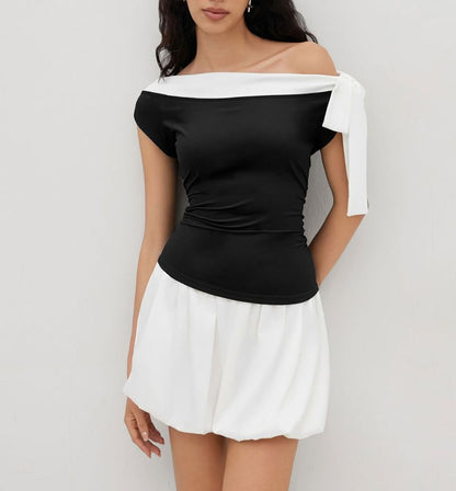 Color-Block Off-Shoulder Short-Sleeve Fitted Top