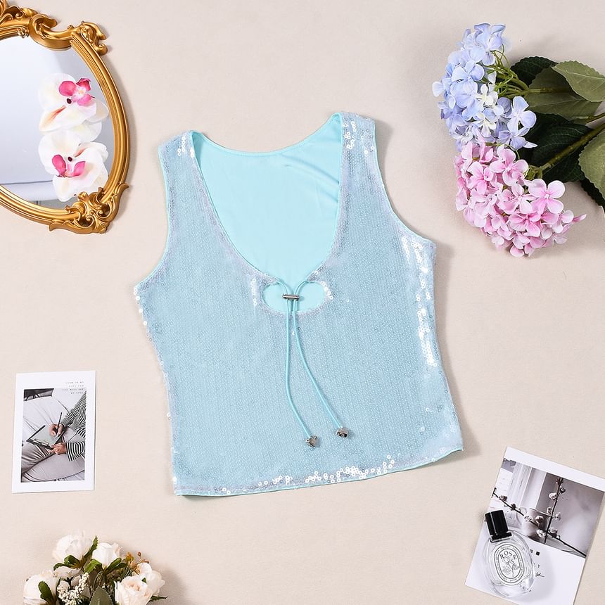 Sequin Drawstring Scoop Neck Slim Crop Tank