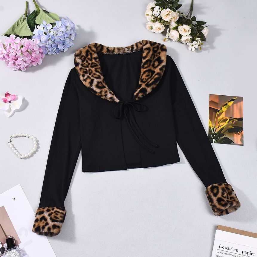 Leopard Faux Fur Tie-Front V-Neck Crop Top