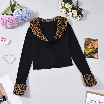 Leopard Faux Fur Tie-Front V-Neck Crop Top