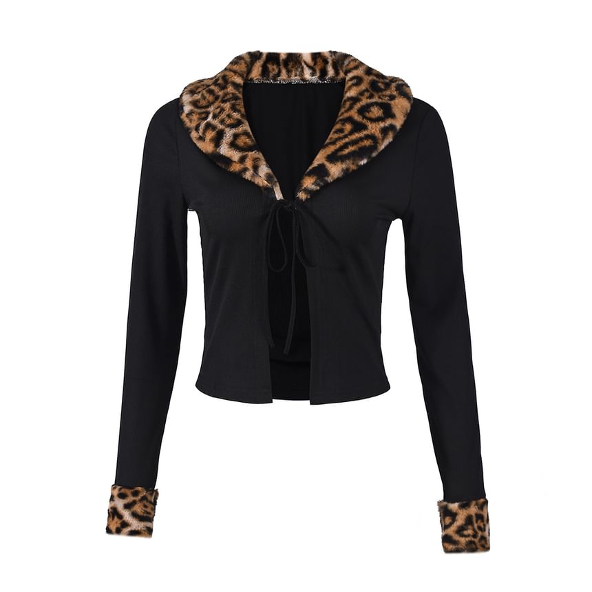 Leopard Faux Fur Tie-Front V-Neck Crop Top
