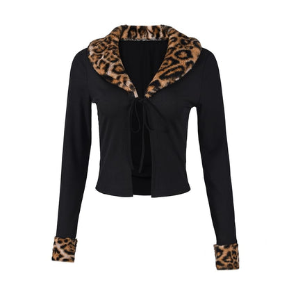 Leopard Faux Fur Tie-Front V-Neck Crop Top