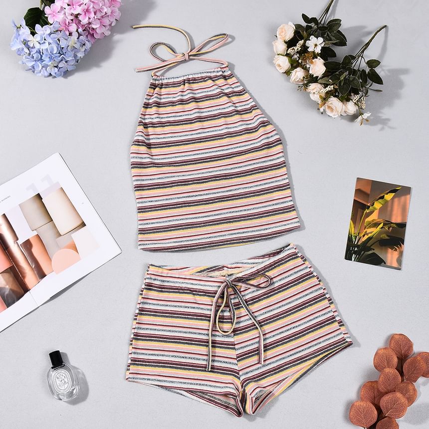 Striped Halter Open-Back Crop Top with Hot Pants Set