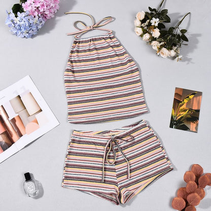 Striped Halter Open-Back Crop Top with Hot Pants Set