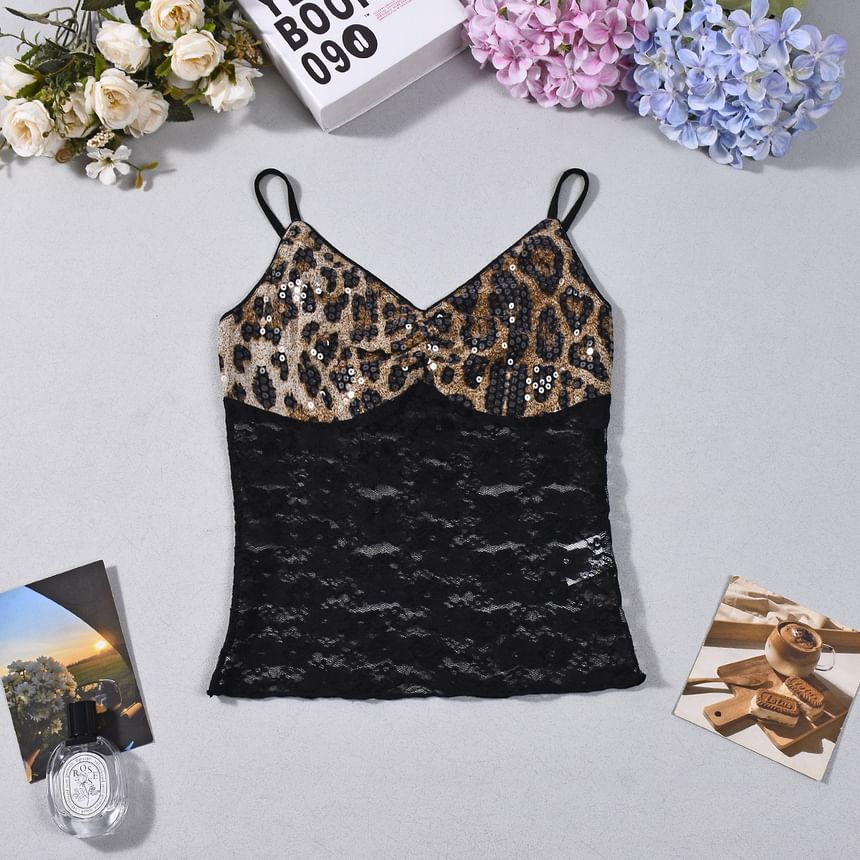 Leopard Sequin Lace V-Neck Crop Camisole