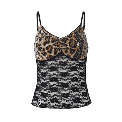 Leopard Sequin Lace V-Neck Crop Camisole