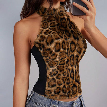 Leopard Faux Fur Panel Halter Slim Tank Top