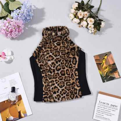 Leopard Faux Fur Panel Halter Slim Tank Top
