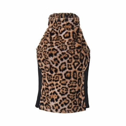 Leopard Faux Fur Panel Halter Slim Tank Top