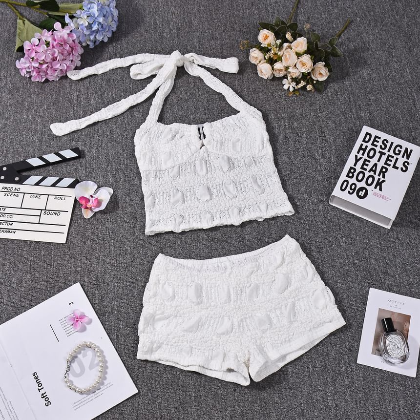 Ruched Halter Crop Top with Low Waist Hot Pants Set