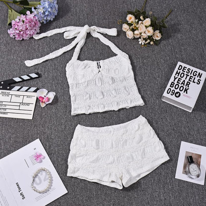 Ruched Halter Crop Top with Low Waist Hot Pants Set