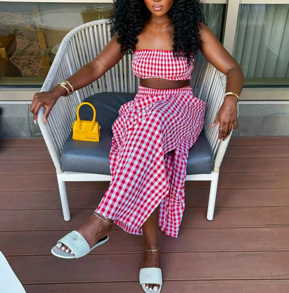 Checked Tube Top with High Waist Maxi A-Line Skirt Set