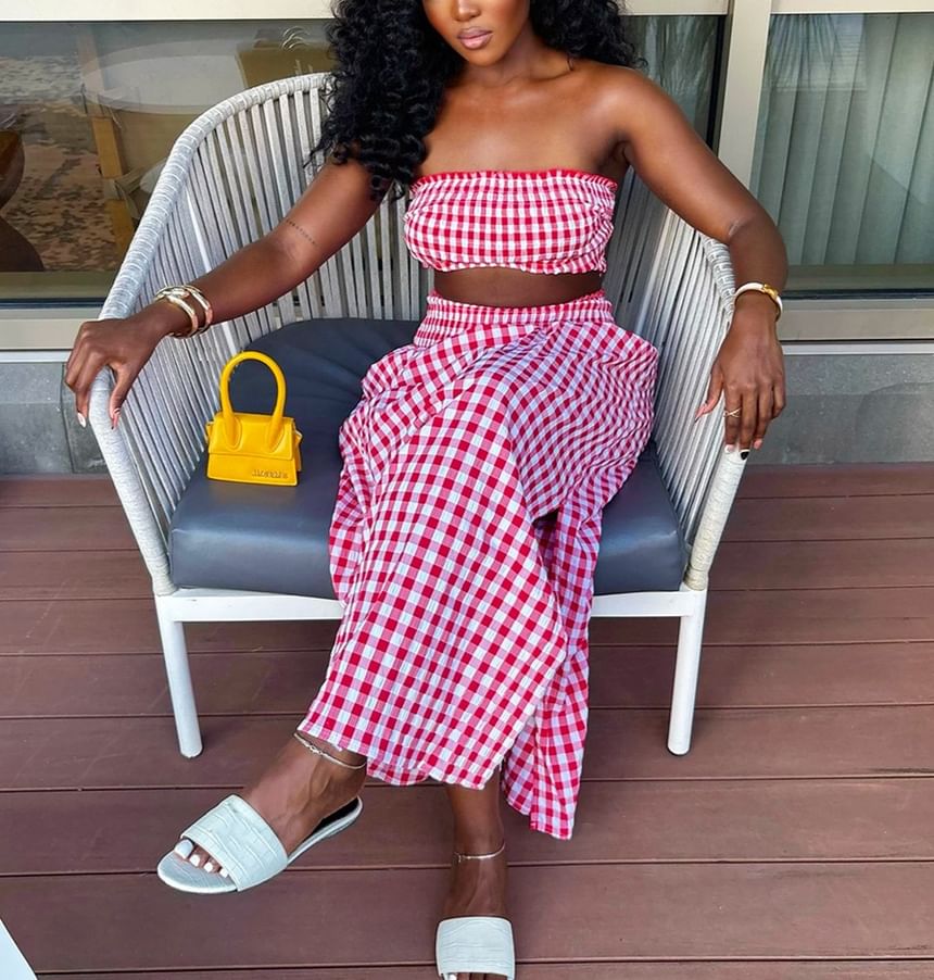 Checked Tube Top with High Waist Maxi A-Line Skirt Set