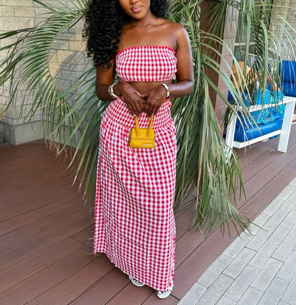 Checked Tube Top with High Waist Maxi A-Line Skirt Set