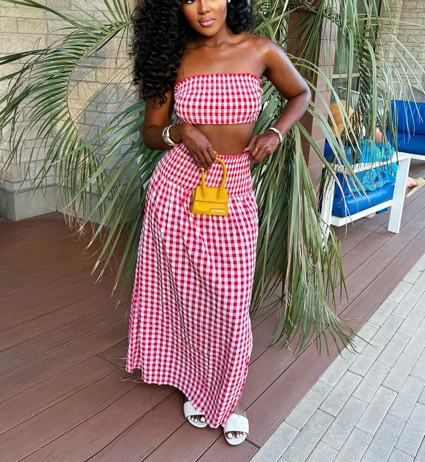 Checked Tube Top with High Waist Maxi A-Line Skirt Set