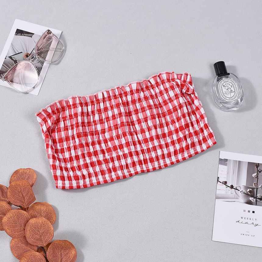 Checked Tube Top with High Waist Maxi A-Line Skirt Set