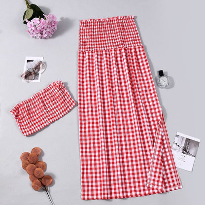 Checked Tube Top with High Waist Maxi A-Line Skirt Set