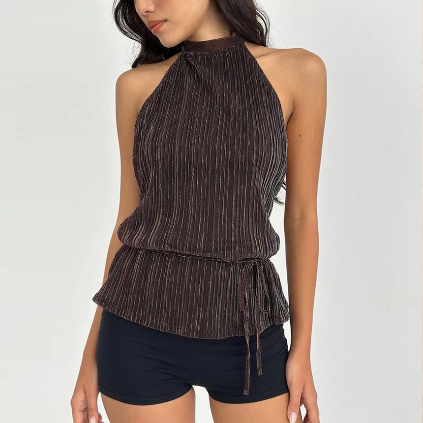 Textured Halter Neck Plain Tank Top