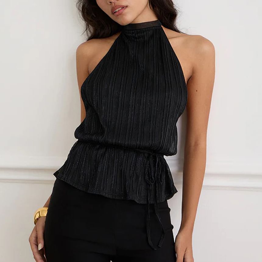 Textured Halter Neck Plain Tank Top
