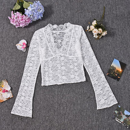 V-Neck Sheer Lace Slim-Fit Long Sleeve Top
