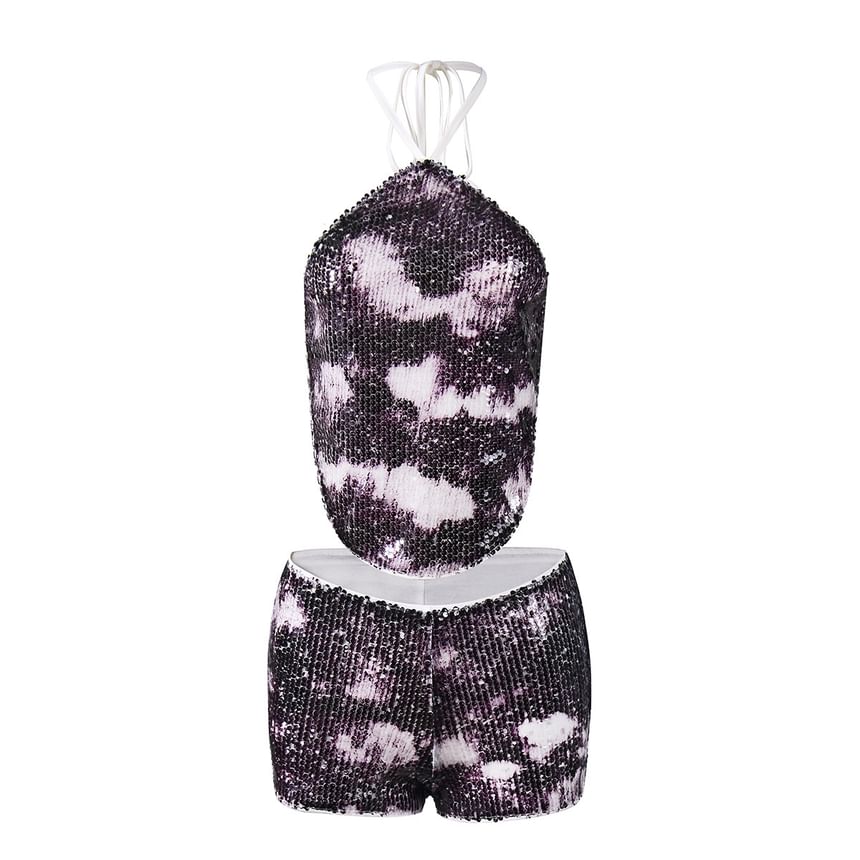 Sequin Halter Open-Back Camisole with Hot Pants Set