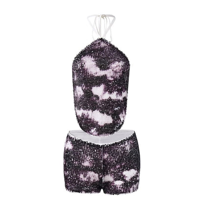Sequin Halter Open-Back Camisole with Hot Pants Set