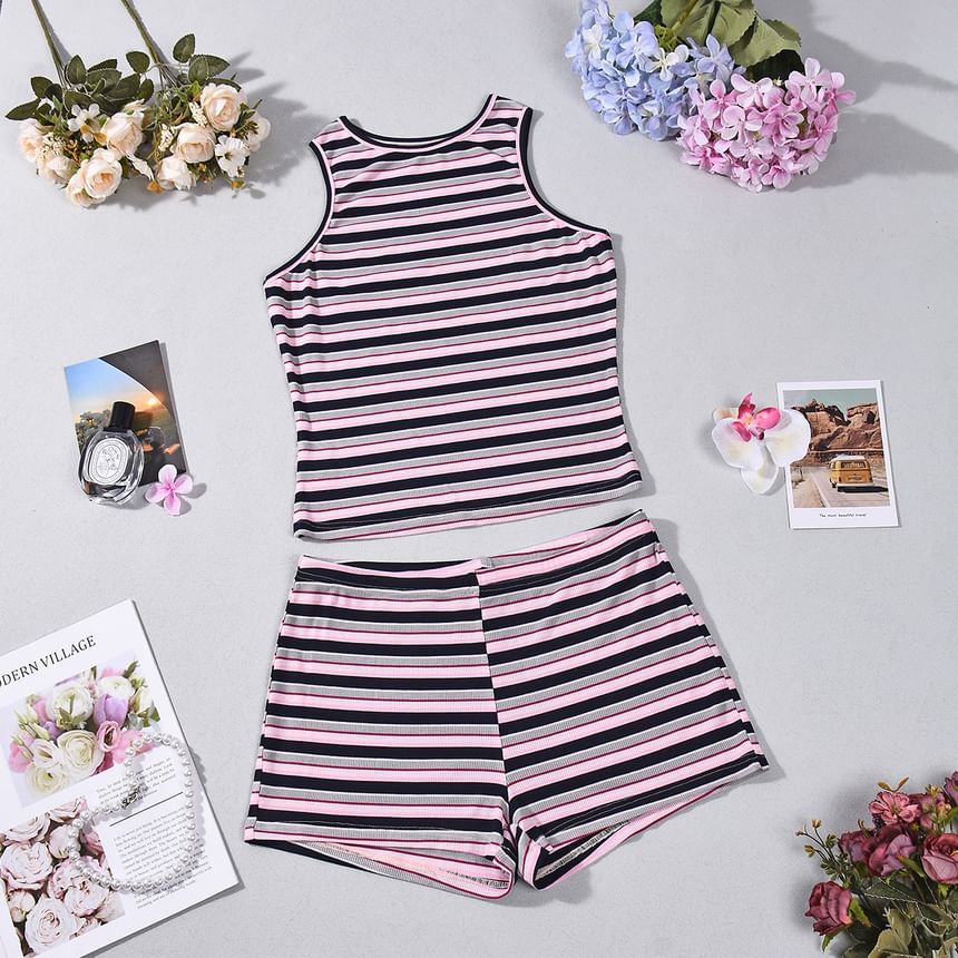 Striped Crop Tank with High Waist Shorts Set