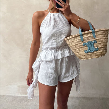 Ruffled Halter Tank Top and High Waist Shorts Set
