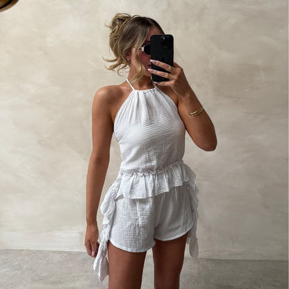 Ruffled Halter Tank Top and High Waist Shorts Set