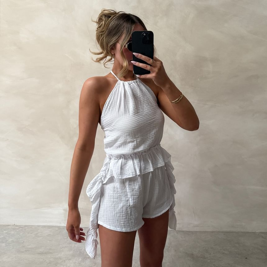 Ruffled Halter Tank Top and High Waist Shorts Set