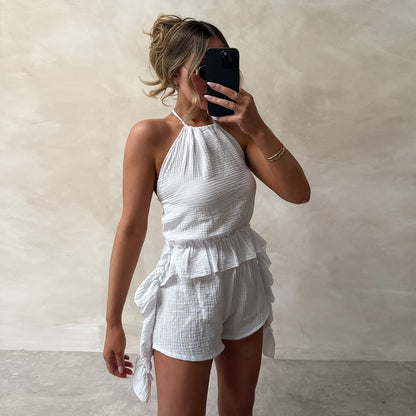 Ruffled Halter Tank Top and High Waist Shorts Set