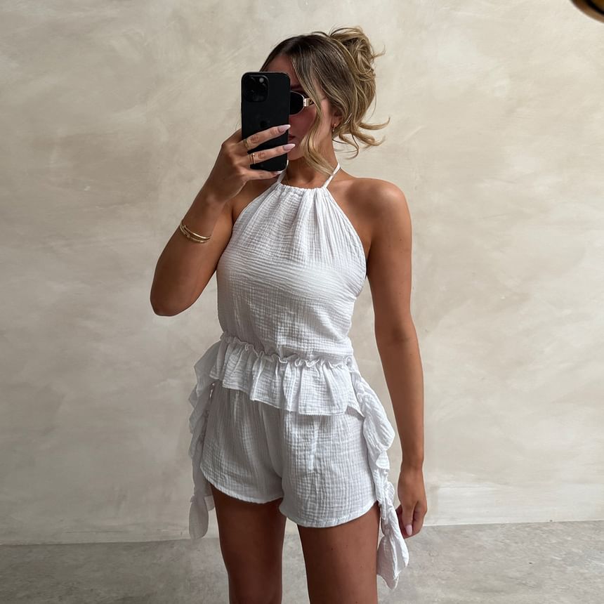 Ruffled Halter Tank Top and High Waist Shorts Set