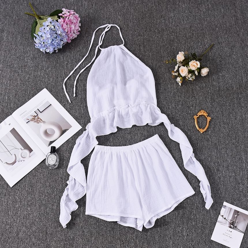 Ruffled Halter Tank Top and High Waist Shorts Set
