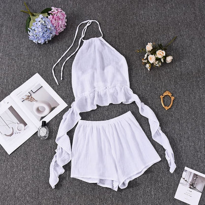 Ruffled Halter Tank Top and High Waist Shorts Set
