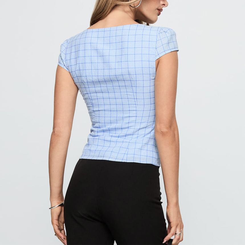 Plaid Square-Neck Cap Sleeve Slim Blouse