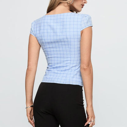 Plaid Square-Neck Cap Sleeve Slim Blouse