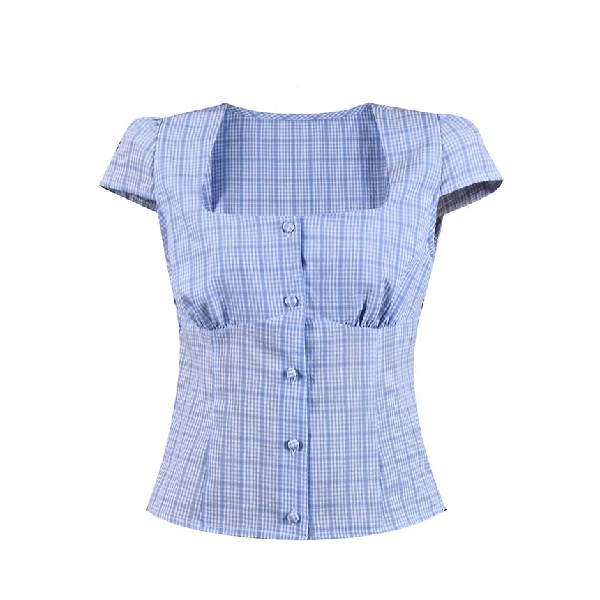 Plaid Square-Neck Cap Sleeve Slim Blouse