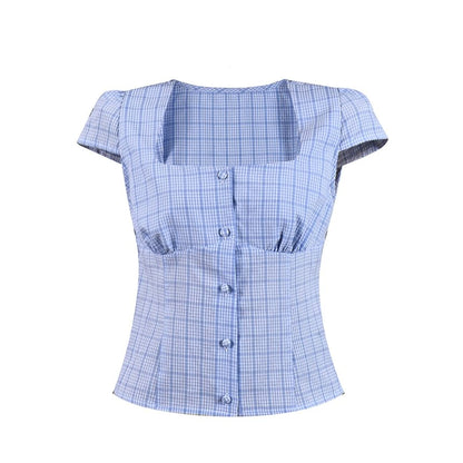Plaid Square-Neck Cap Sleeve Slim Blouse