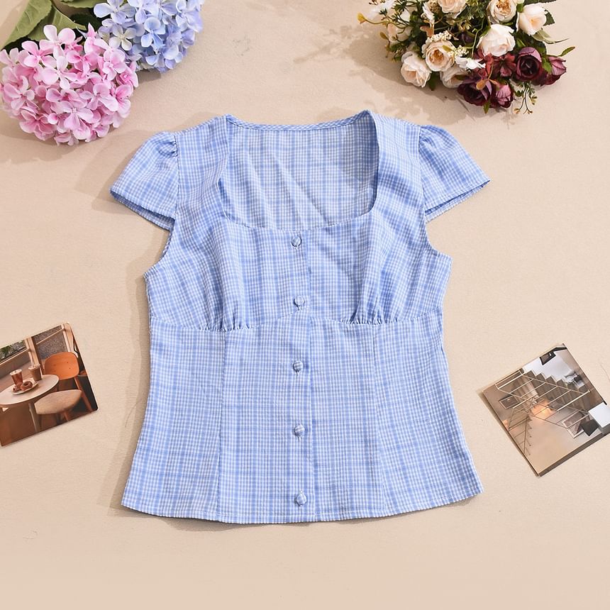 Plaid Square-Neck Cap Sleeve Slim Blouse