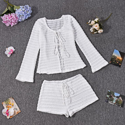 Ruffled V-Neck Tie-Front Top with High Waist Shorts Set