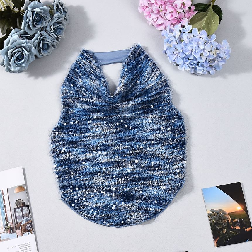 Sequin Cowl Neck Halter Crop Tank Top