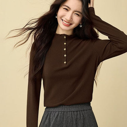 Mock Neck Long-Sleeve Henley Plain Tee