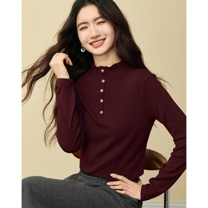 Mock Neck Long-Sleeve Henley Plain Tee